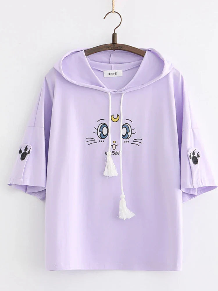 maoxiangshop Purple Cartoon Embroidery Kawaii Hoodies Cotton Hooded Sweatshirt Women Summer Sweet Style Korean Female Short Sleeve Tops