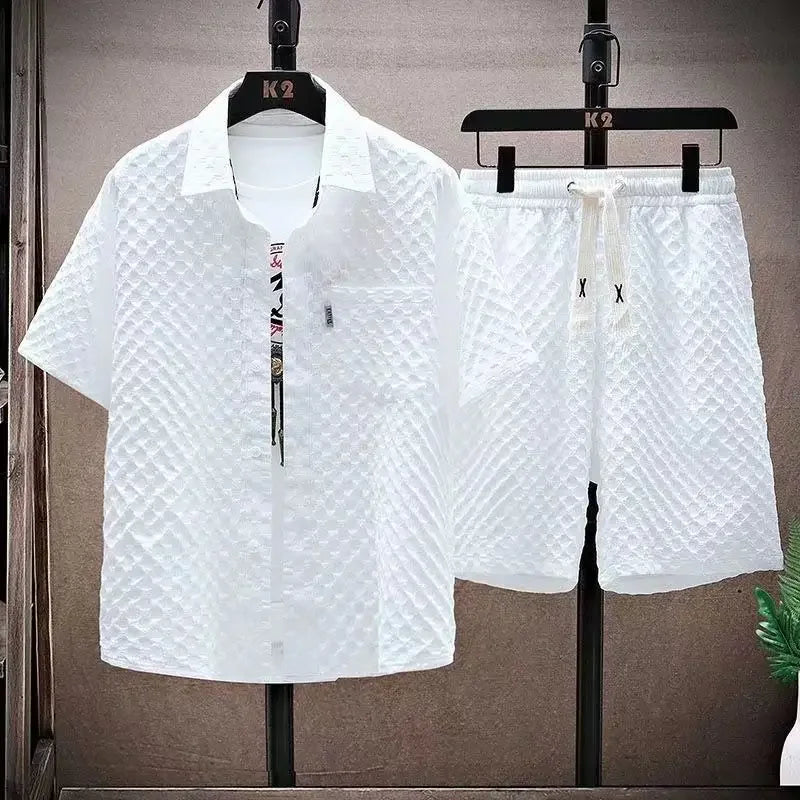 maoxiangshop Men's Set High Quality Ice Silk Plaid Short Sleeved Lapel Shirt Shorts Two-piece for Men Korean Luxury Casual Oversize Clothing