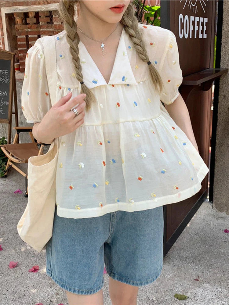 maoxiangshop Kawaii Blouses Women Cute Chic Korean Fashion Loose V-Neck Puff Sleeve Casual Shirt for Girls Vintage Sweet Crop Top