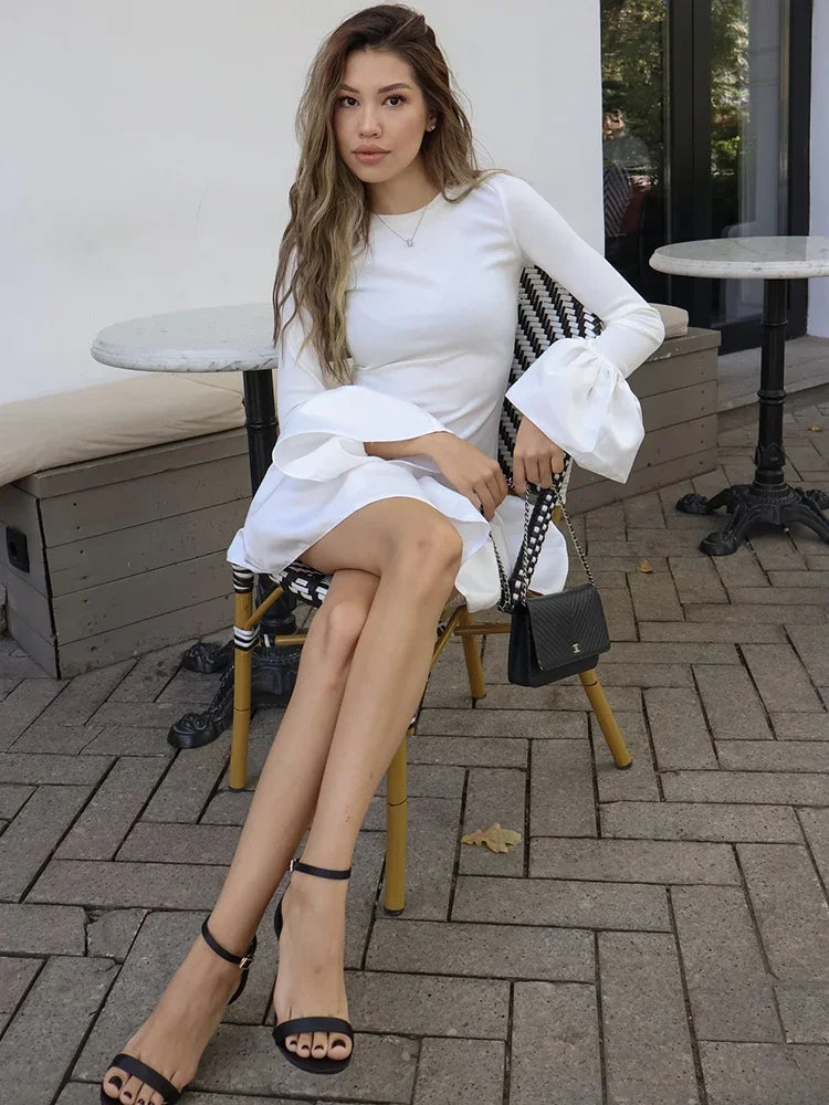 maoxiangshop - Knitted Mini Dress Female Long Sleeves Gown Flare Sleeves Spliced Autumn Winter Dress A-Line Sweet Bodycon Women Clothes