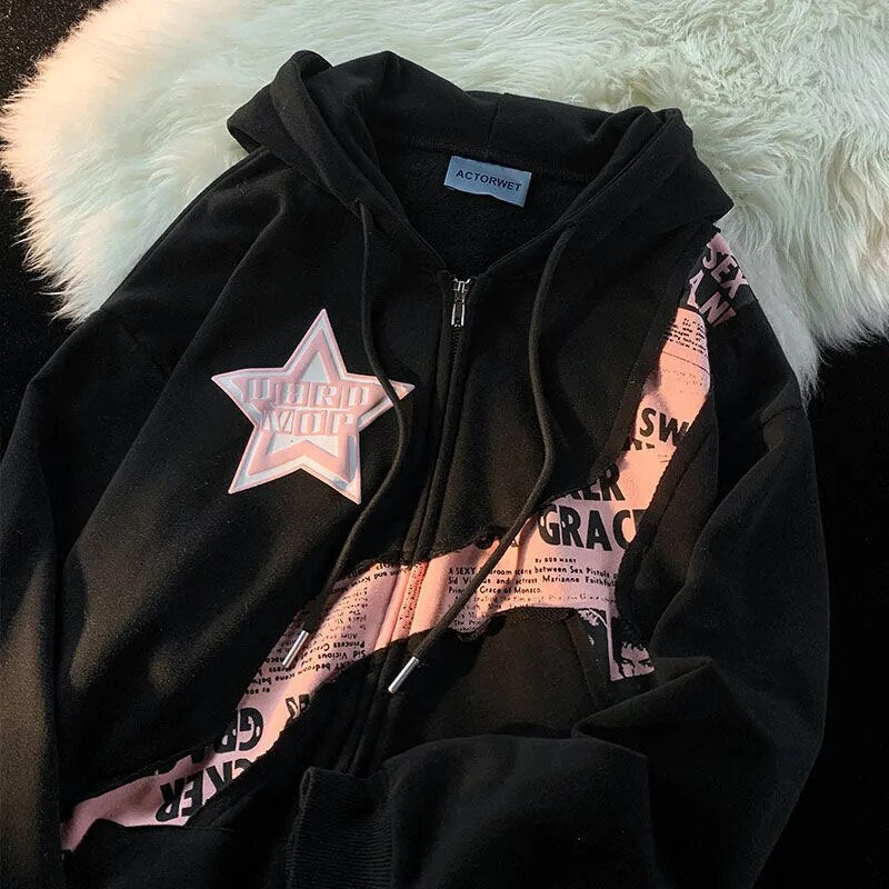 maoxiangshop2 Y2K Vintage Zip Up Hoodies Women Harajuku Hip Hop Letter Print Sweatshirts Gothic Streetwear Loose Patchwork Tops Coats