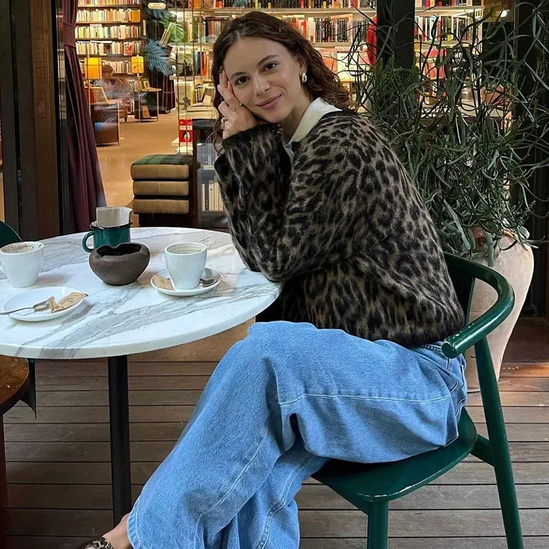maoxiangshop - Fashion Lepard Knitted Sweater Cardigan For Women Loose Casual Long Sleeve Retro Single Breatted Sweater Autumn Outwear