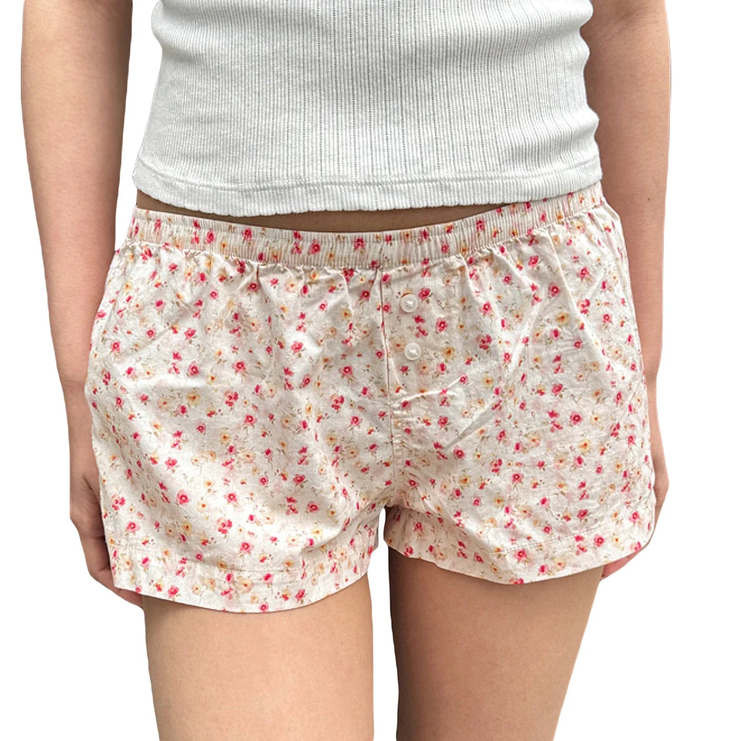 maoxiangshop - Summer Women's Y2K Cute Loungewear Shorts Casual Loose Fitting Elastic Low Waist Floral Bottoms with Button Decor