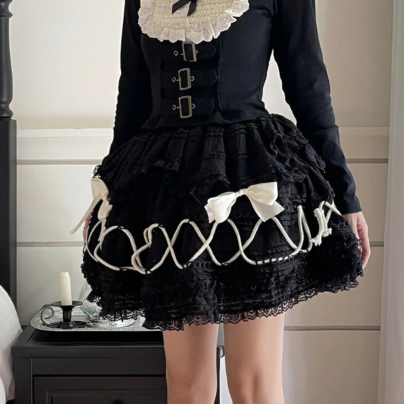 maoxiangshop - Gothic Lolita Skirt Women Japanese Harajuku Fashion High Waist A-line Bow Lace Patchwork Vintage Black Cake Skirt