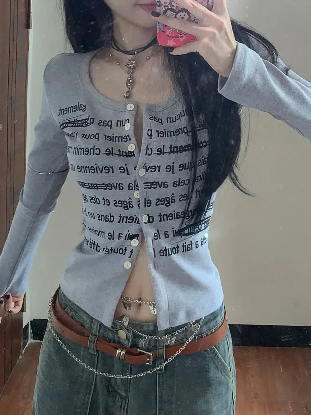 maoxiangshop-Korean Style Vintage Gray Crop T Shirts Women Streetwear Letter Print Casual Tops Mujer Slim Long Sleeve Tees Autumn