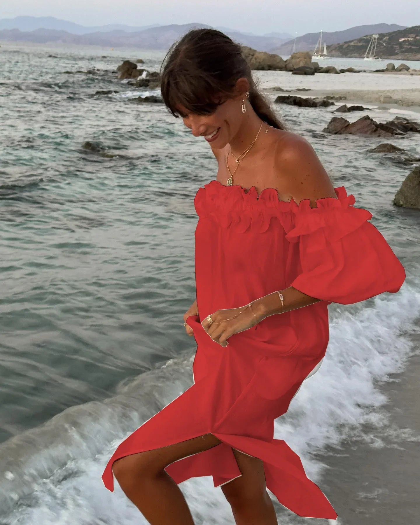 maoxiangshop-2024 Sweet Ruffles One Shoulder Short Sleeve Cotton Line Dress Summer Casual Solid Slit Long Dress Women Hawaii Vocation Dress