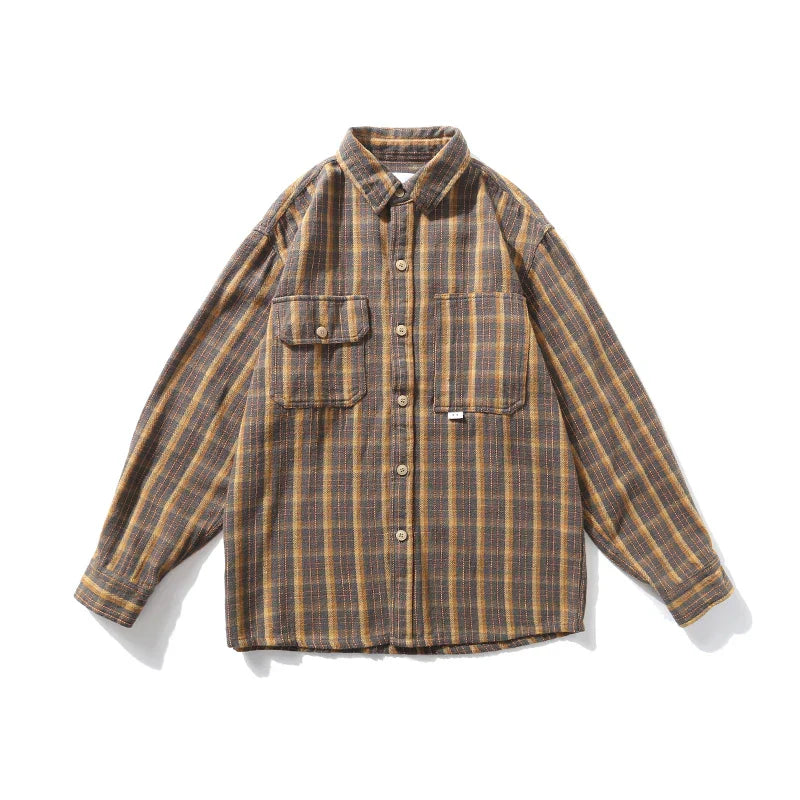 maoxiangshop Spring Autumn Korean Style Casual High Quality Khaki Plaid Shirt Men Clothing Harajuku Coats Japanese Streetwear Vintage Clothes