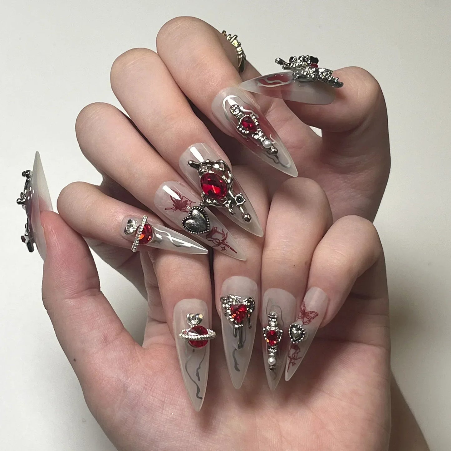 maoxiangshop 24Pcs False Nails With Glue Almond Pink Butterfly Design Detachable Rhinestones Acrylic Fake Nails long stiletto Press On Nails