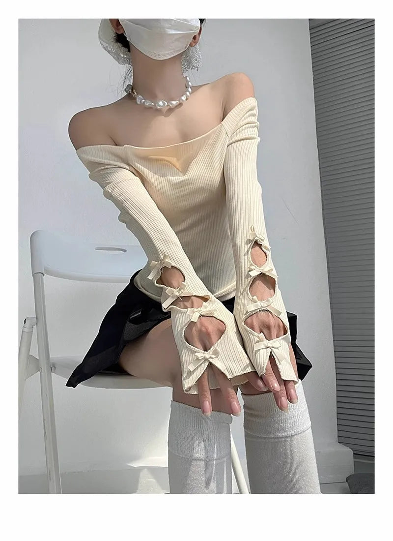 maoxiangshop - 2024 New Autumn Women Y2K T-Shirts Shoulder Streetwear Fairycore Hip Hop Tops Punk Casual Tees Female Clothes Leisure Fashion