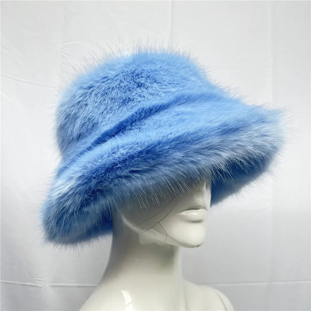 maoxiangshop - Luxury Ins Hot Y2k Girls Faux Fox Fur Bucket Hat Women Winter Warm Rabbit Fur Plush Fisherman Hat Cap Festival Party Ski Panama