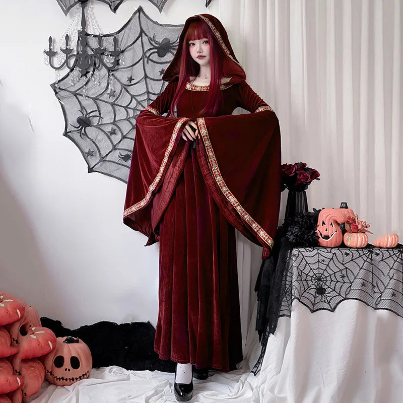 maoxiangshop - Halloween Adult Cosplay Costumes Medieval Retro Court of Europe Vampire Little Red Riding Hood Female Witch Dress 