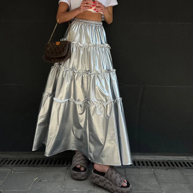 maoxiangshop - Autumn New Women's Niche Design Silver Metallic High Waist Mid-Length Cake Skirt Vestidos