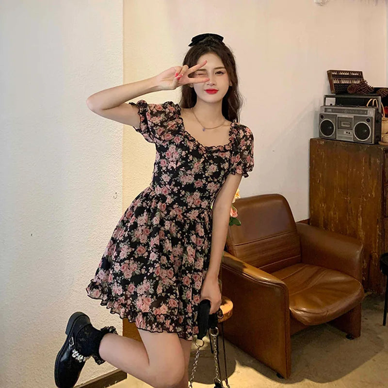 maoxiangshop Summer Women Off Shoulder Mesh Dress Lady Sweet Spicy Style Puff Sleeve Dress Female Flower Graphic Printing Elastic Fairy Dress