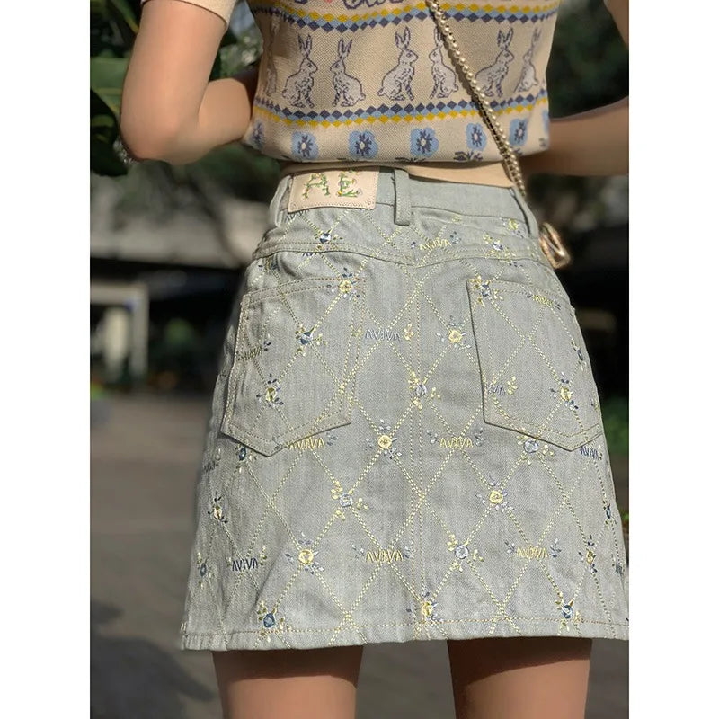maoxiangshop - New Flowers Embroidery Women Denim Skirt Floral Summer Autumn Lady Elegant Fashion Students Sweet Tassel Mini Jean Skirts