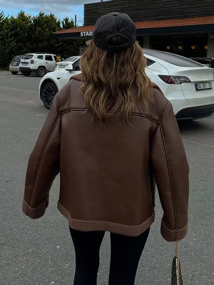 maoxiangshop - Plush Patchwork Lapel PU Leather Jackets Women Casual Loose Long Sleeved Jacket Female Autumn Winter Chic High Street Outwears