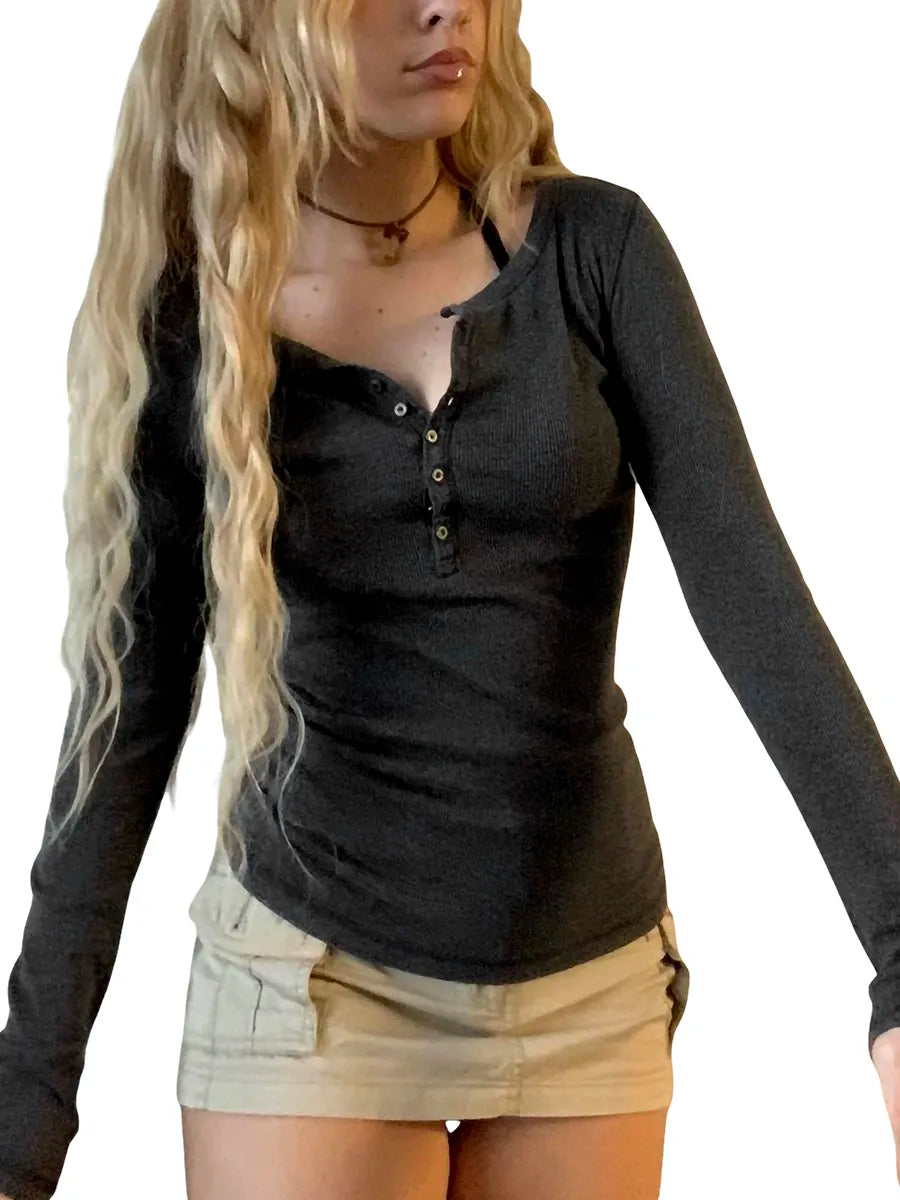 maoxiangshopWomen s Spring Autumn Slim Tops Black Long Sleeve Button Down Ribbed Skinny T-shirt
