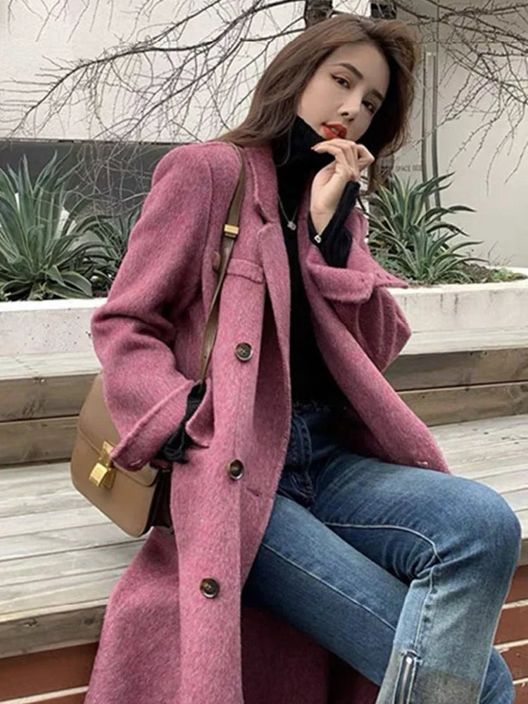 maoxiangshop - 2024 Autumn Winter Fashion Woolen Coat Women's Clothing Solid Color Lapel Double Breasted Loose Long Overcoat Lady Jacket