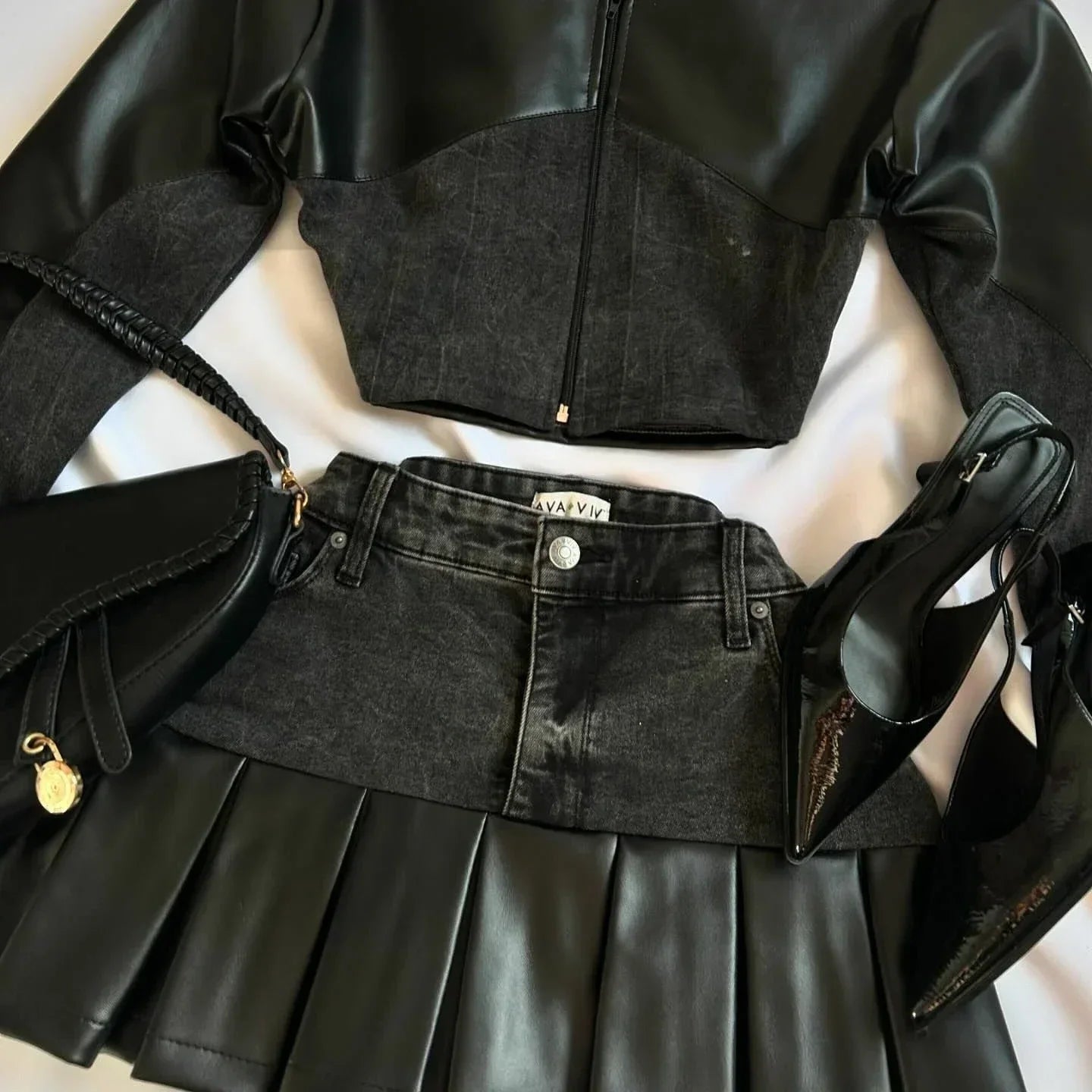 maoxiangshop - Y2K Harajuku Gothic Leather Jacket Casual Skirts Gothic Fashion Leather Patchwork Two Piece Clothing gothic Women Hot Sweetheart