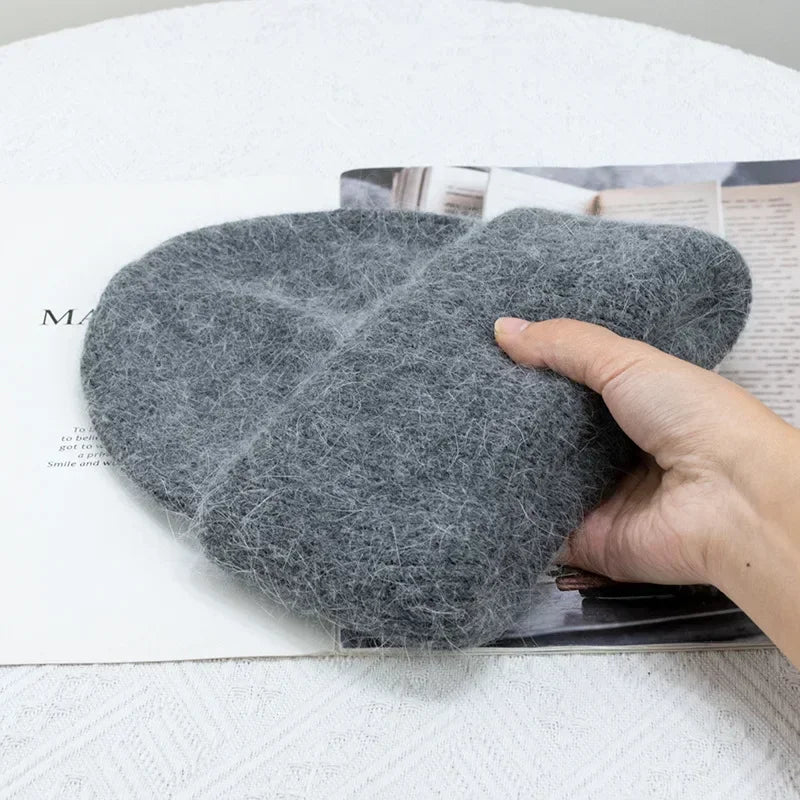 maoxiangshop 21colors Autumn Angola Rabbit Fur Knitted Beanies Winter Skullies Women's Hat Fashion Solid Warm Cashmere Wool Three Fold Thick
