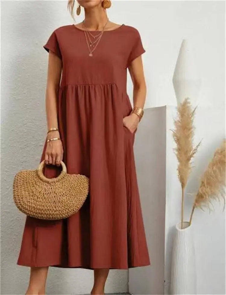 maoxiangshop Women's Elegant Solid Color Dress Summer Short Sleeve O-Neck Vintage Harajuku Cotton Linen Comfortable Loose Pocket Long Dress