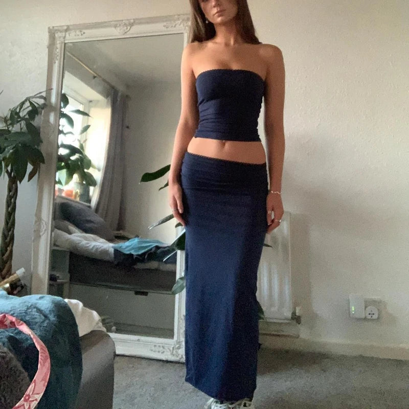 maoxiangshopWomen 2 Piece Long Skirt Sets Sexy Strapless Tube Top Bodycon Maxi Skirts Y2k Two Piece Outfit Summer Clothing Beach Wear