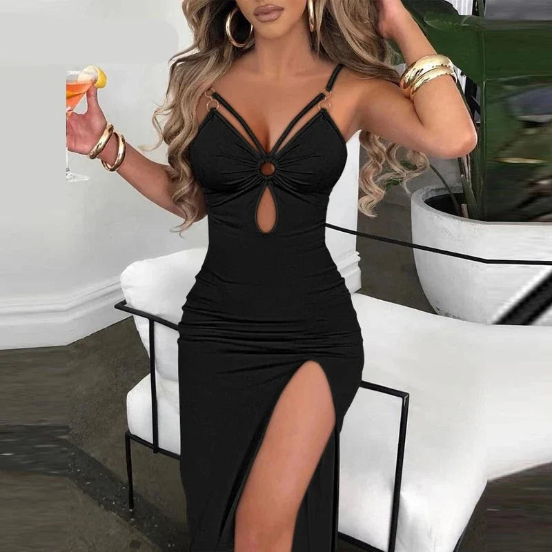 maoxiangshop Women Solid Sexy Spaghetti Straps Shirring High Silt Maxi Sexy Hole Decoration Dresses