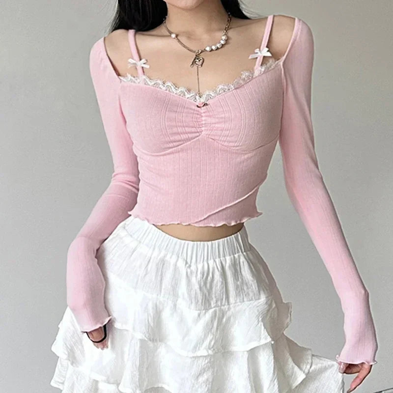 maoxiangshop-Sweet Lace Stitching V-neck Skinny Top Pink Coquette Aesthetic Slim-fit Long Sleeve Knitted T-shirts Cute Casual Tees