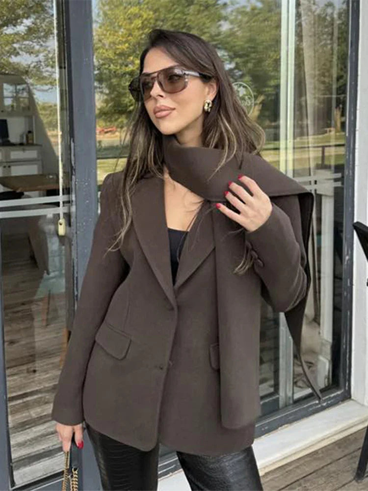maoxiangshop - cold weather outfuts Wine Red Woolen Coat Women Fashion Lapel With Scarf Long Sleeve Female Coats 2024 Winter Single-breasted Loose Lady Outwear
