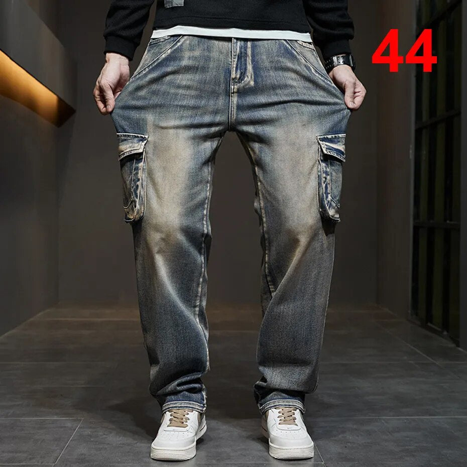 maoxiangshop 42 44 Plus Size Jeans Men Denim Pants Baggy Jeans Vintage Cargo Pants Loose Fashion Causal Trousers Male Big Size Bottoms