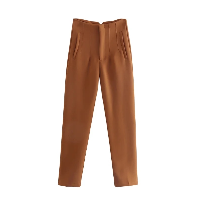 maoxiangshopWomen Light Blue Chic Fashion Office Wear Straight Pants Vintage High Waist Zipper Fly Female Trousers Fashion