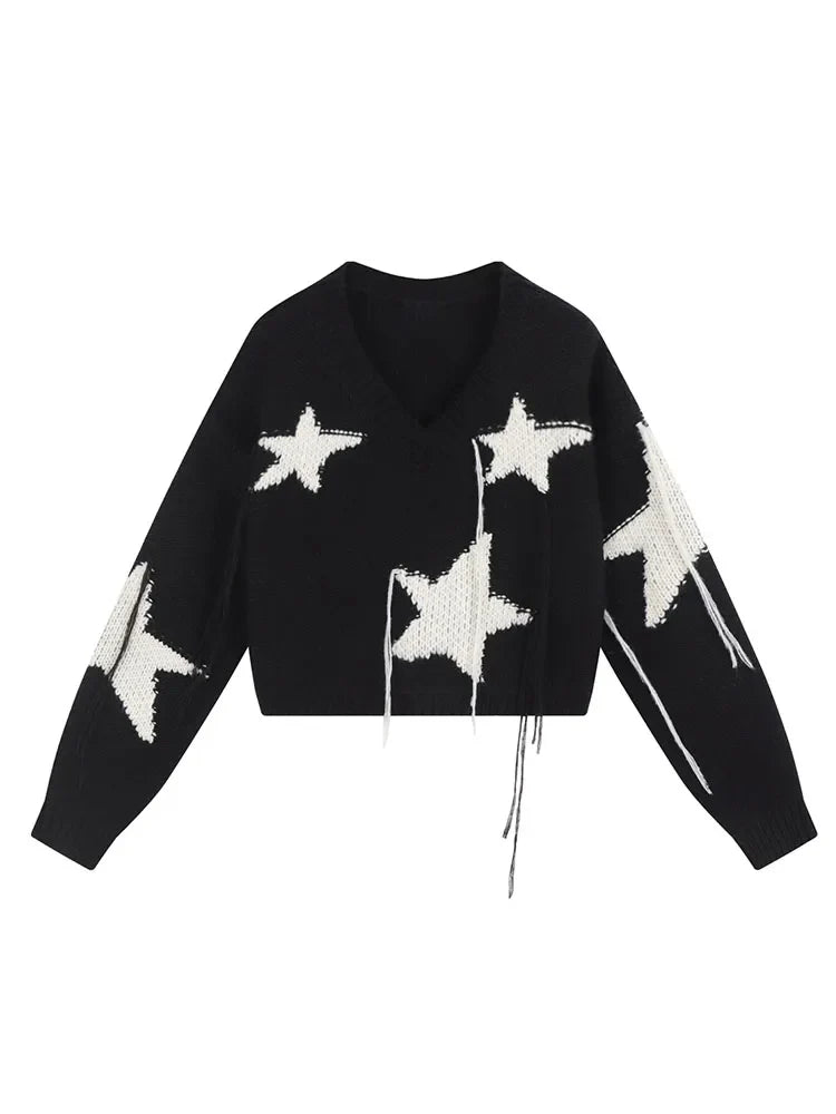 Fall Winter Warm Harajuku Fashion O-neck Star Cropped Sweaters Long Sleeve Pullovers Top Woman 2000s Streetwear Jerseys New