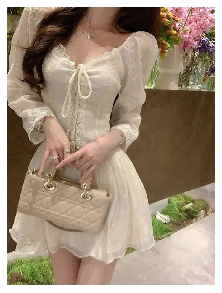 maoxiangshop - Elegant Y2k Short Party Dress Women Casual Long Sleeve Mini Dress Beach Style One Piece Dress Korean Fashion Autumn Chic