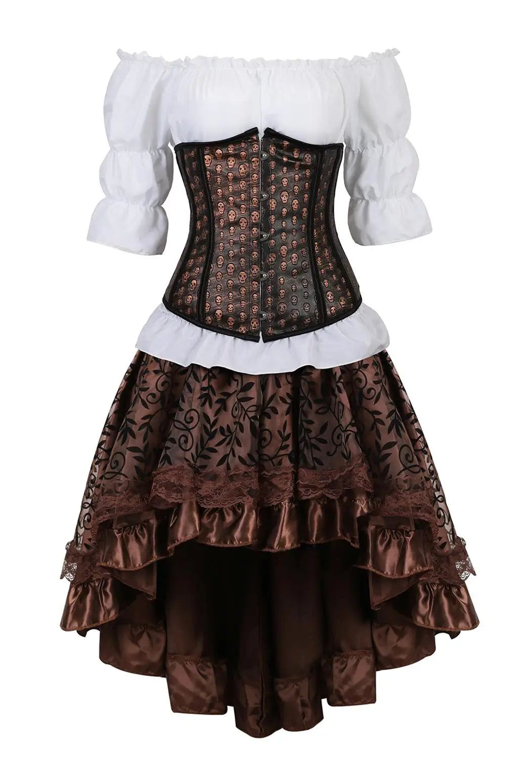 maoxiangshop - Corset Dress Suit Leather Bustiers Outfits for Women Steampunk Skull Underbust Skirt White Blouse Set Carnival Party plus size
