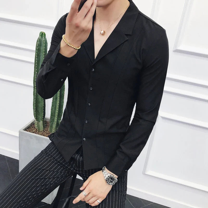 maoxiangshop Men Clothing High Quality Spring Long-Sleeved Shirts/Male V-neck Slim Fit Casual Business Dress Shirts Plus Size S-4XL