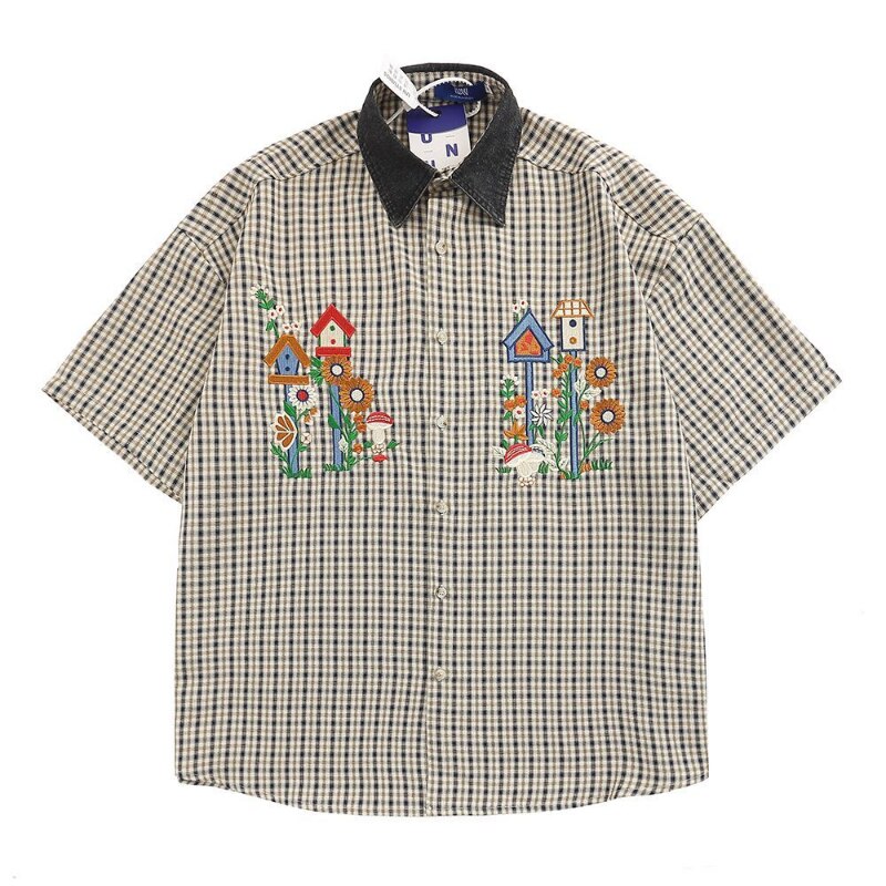 maoxiangshopJapanese Women's Plaid Shirt Vintage Flower Embroidery Blouse Harajuku Fashion Short Sleeve Denim Tops Preppy Korean Girls