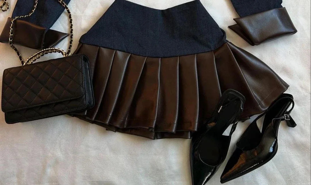 maoxiangshop - Y2K Harajuku Gothic Leather Jacket Casual Skirts Gothic Fashion Leather Patchwork Two Piece Clothing gothic Women Hot Sweetheart