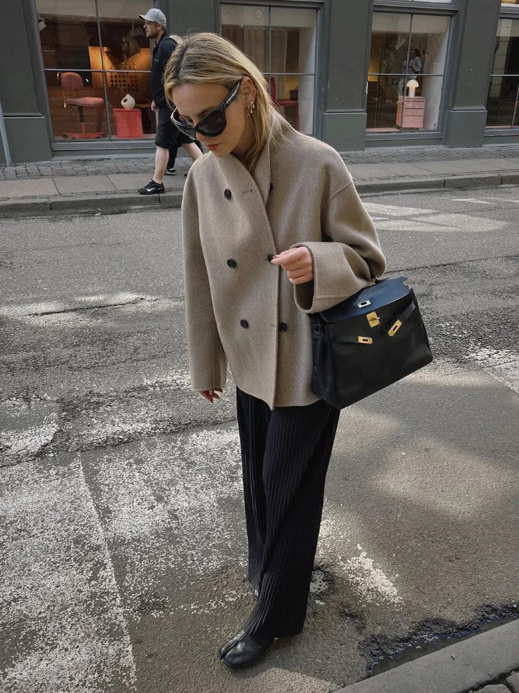 maoxiangshop - Elegant Women Solid Double Breasted Cotton Coat Chic Stand Collar Long Sleeves Warm Jacket Autumn Fashion Lady Commuting Outwear