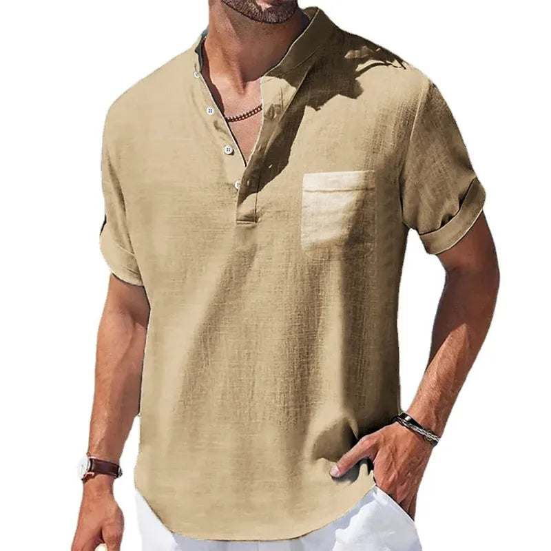 maoxiangshop New Men's Short Sleeve Breathable T-shirts Summer Solid Color Basic Pocket Shirts for Men Oversized Half Button Linen Streetwear