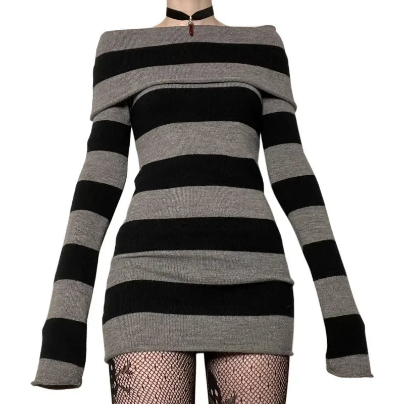 maoxiangshop - Striped Knitted Sweater Mini Dress 2024 Fall Winter Women Boat-neck Off Shoulder Long Sleeve Bodycon Casual Dresses Party Outfit