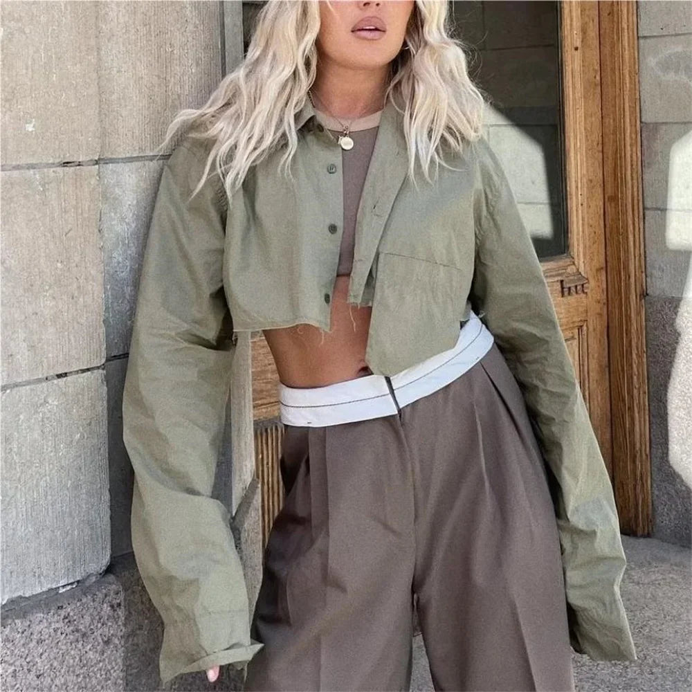 maoxiangshop - Long sleeve cropped blouse women Summer fashion sexy short blouse women white cute tops loose pocket designer clothes