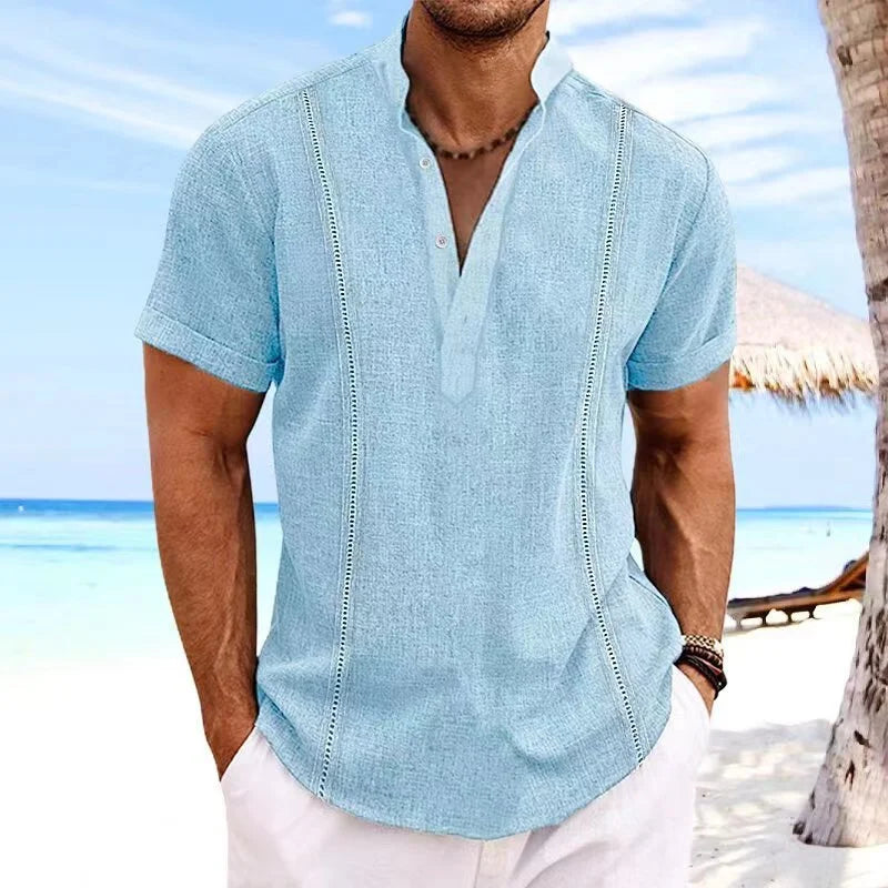 maoxiangshop 2024 Summer New Men's Short Sleeve Henri Collar Solid Color Cuban Guayabera Cotton Shirt Fashion Trend Beach Men's Top