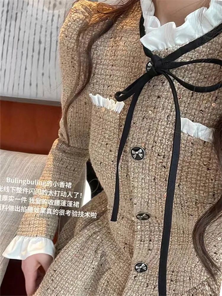 maoxiangshop Slim Waist Korean Style Women Dress New Ruffled Bow Single Breasted Fashion Female Mini Dresses Sweet Elegant Streetwear