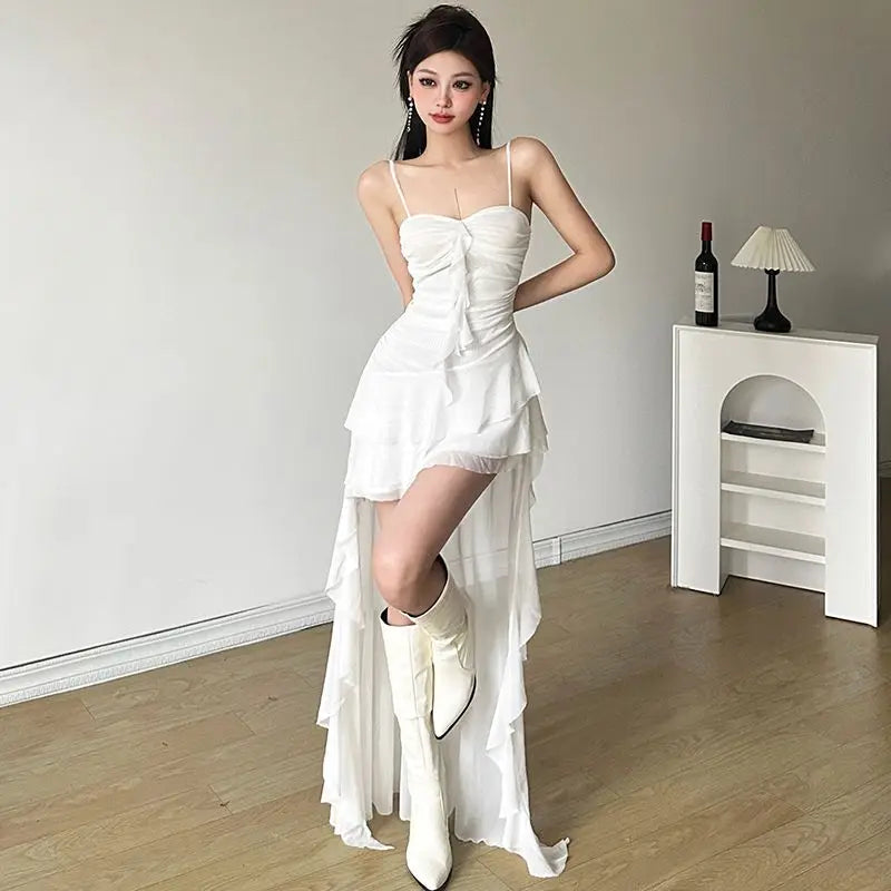 maoxiangshop Sexy Ruffle Mesh Dresses Women Sleeveless Black Prom Dress White Aesthetics Clothing Sweet Asymmetrical Summer Dress