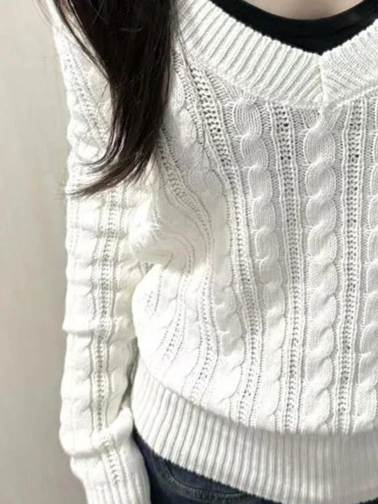 maoxiangshop - 2024 Autumn Sweet Solid Twist Sweater Women Y2k Aesthetic Casual Loose Vintage Tops Preppy Style Fairy Knitwear All Match Jumper