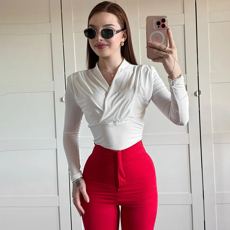 maoxiangshop - Cross-Neck Slim Long Sleeve Crop Top For Women Elegant Ruched Solid T shirt Autumn Fashion Versatile Female Pullovers