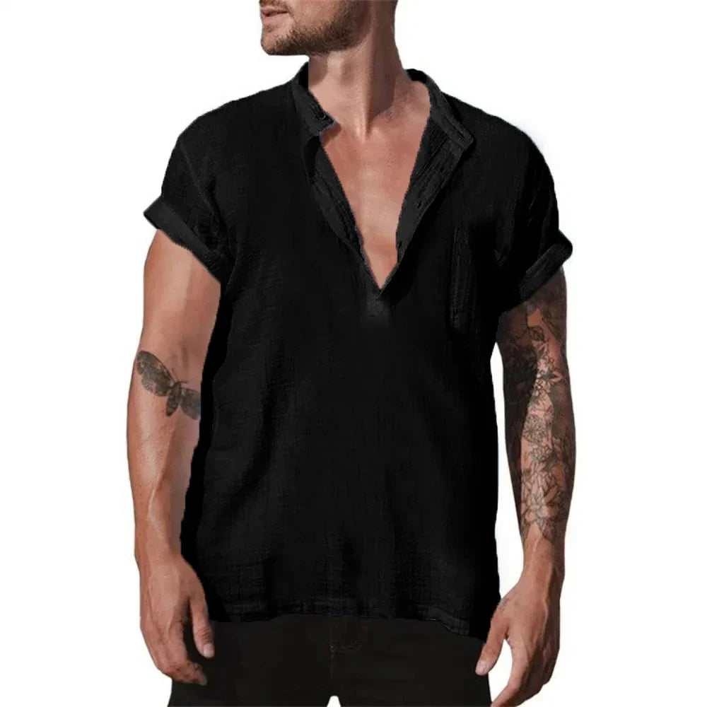 maoxiangshop Summer Cotton Linen Casual Shirt for Men Loose Casual Breathable Men's Lightweight Large Shirt Large Size Oversized T Shirt