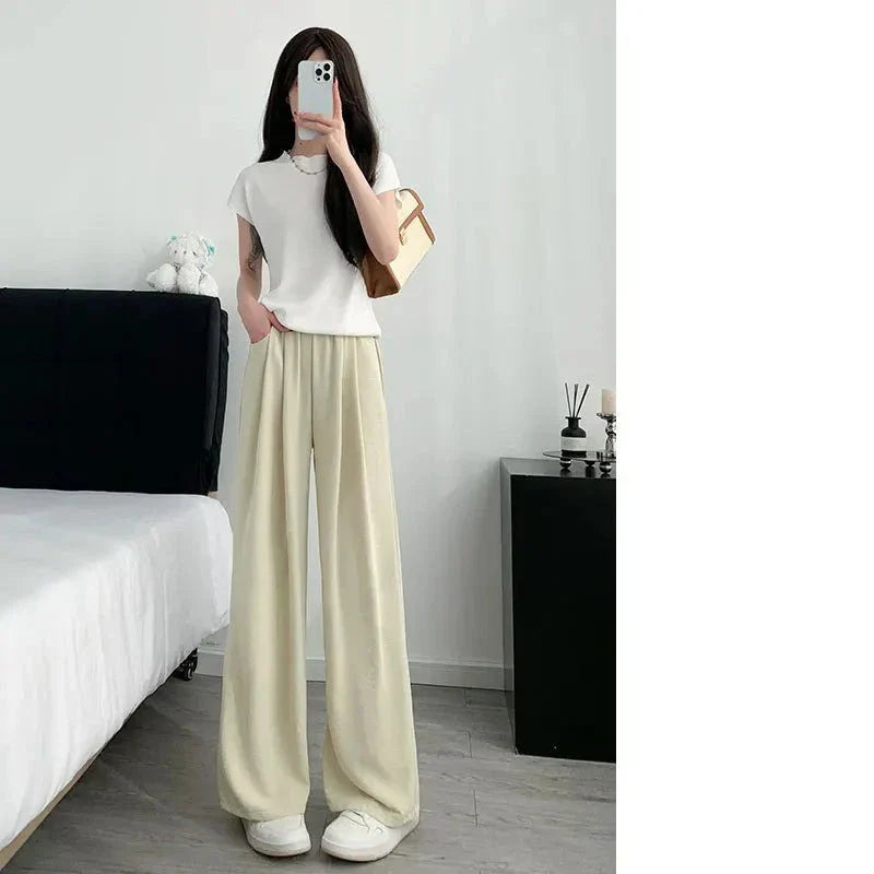 maoxiangshop 2024 Summer New Ice Silk Wide Leg Pants Women Thin Loose Ladies Casual Pants Slimming Y2K Women with Pockets Mop Pants Slim Body