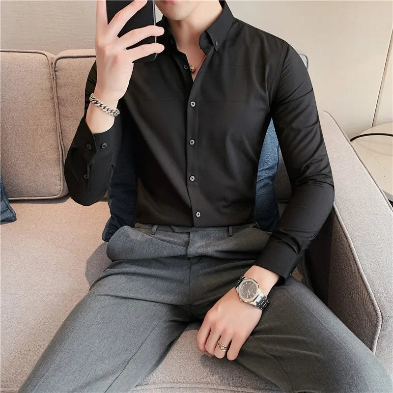 maoxiangshop British Style Men Long Sleeved Shirt Autumn Anti-wrinkle Soft Solid Casual Elastic Slim Fit Camisas Y Blusas Men Clothing