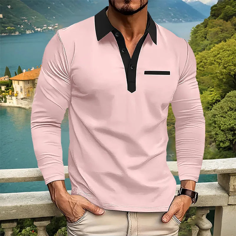 maoxiangshop Spring and Autumn Men's Long sleeved Polo Shirt Leisure Fashion Classic V-neck Polo Shirt European and American Large Sizes