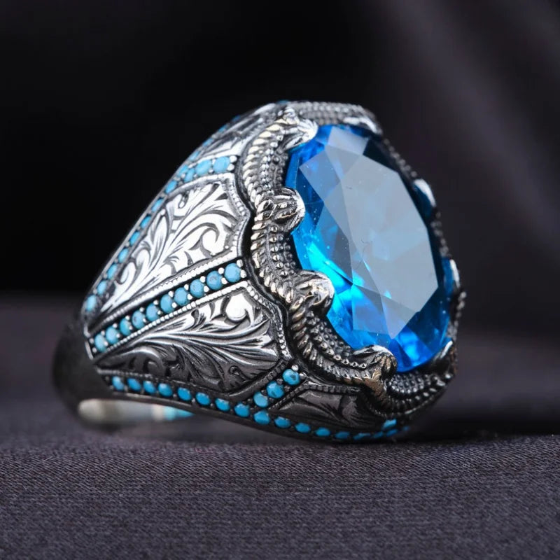 maoxiangshop Retro Handmade Turkish Signet Rings for Men Ancient Silver Color Carved Ring Mystic Zircon Inlay New Punk Motor Biker Ring